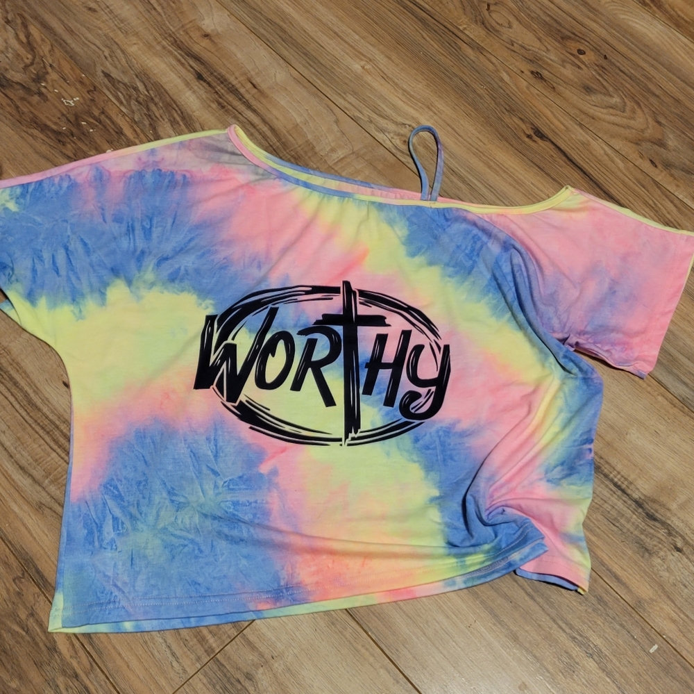 Reborn Creations Worthy off-shoulder tie-dye shirt.